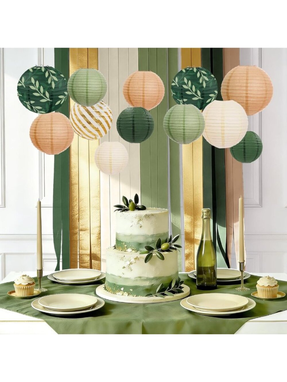 12 Paper Lanterns & 5 Olive Khaki Streamers for Wedding, Baby Shower & Party
